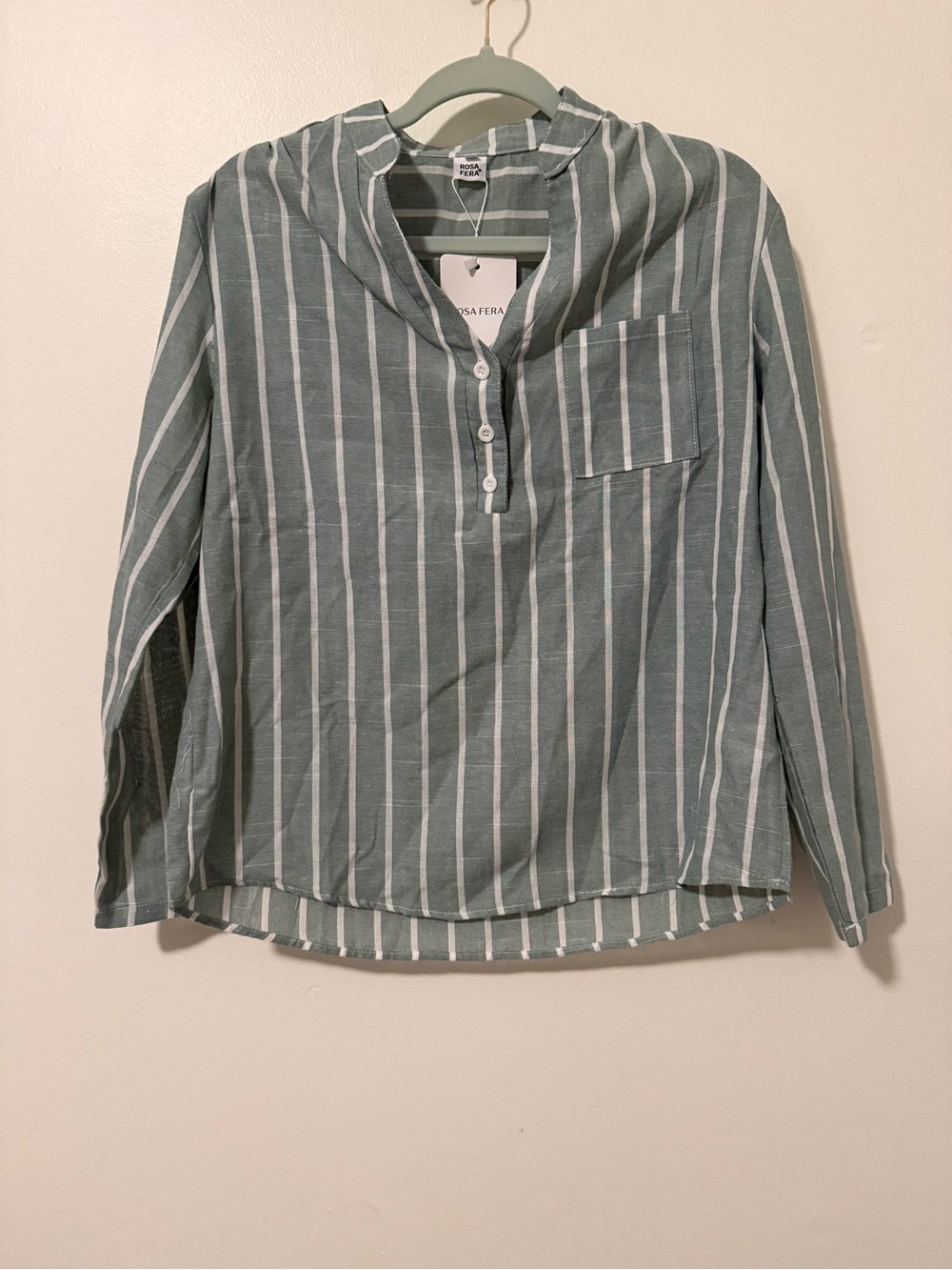 Woman’s Rosa Fera Striped Henley Shirt in Teal Green - Lightweight Long Sleeve